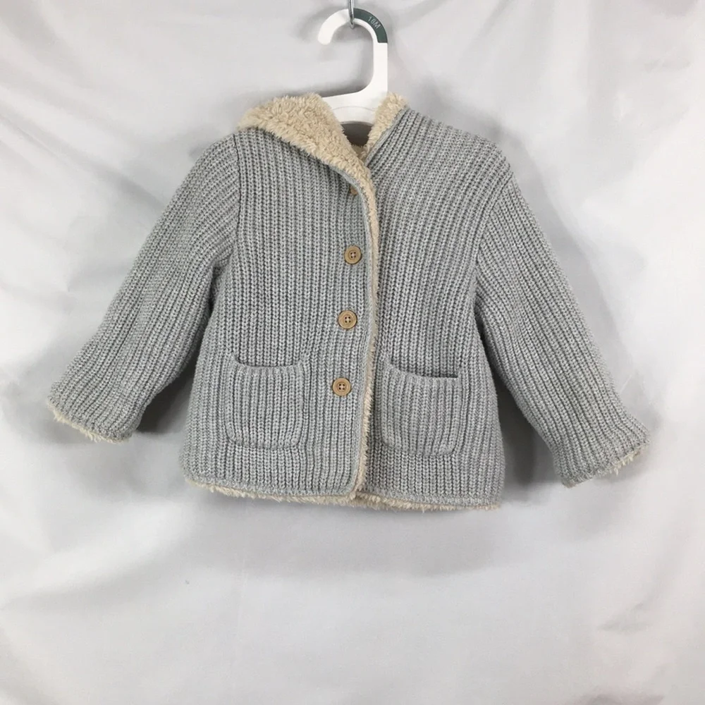 GAP Sherpa Gray Knit Sweater Animal Ears Hoodie Size 12-18M Great Condition